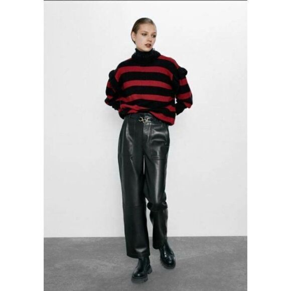 Zara Women Striped Sweater Ruffle Detail S Red - Picture 3 of 6